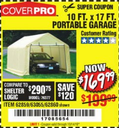 Harbor Freight Coupon COVERPRO 10 FT. X 17 FT. PORTABLE GARAGE Lot No. 62859, 63055, 62860 Expired: 10/14/19 - $169.99