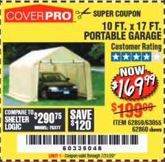 Harbor Freight Coupon COVERPRO 10 FT. X 17 FT. PORTABLE GARAGE Lot No. 62859, 63055, 62860 Expired: 7/31/20 - $169.99