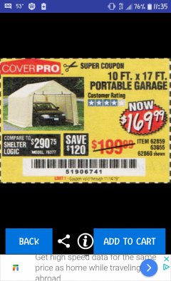 Harbor Freight Coupon COVERPRO 10 FT. X 17 FT. PORTABLE GARAGE Lot No. 62859, 63055, 62860 Expired: 11/14/19 - $169.99