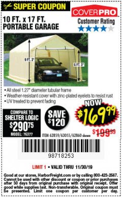 Harbor Freight Coupon COVERPRO 10 FT. X 17 FT. PORTABLE GARAGE Lot No. 62859, 63055, 62860 Expired: 11/30/19 - $169.99