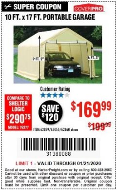 Harbor Freight Coupon COVERPRO 10 FT. X 17 FT. PORTABLE GARAGE Lot No. 62859, 63055, 62860 Expired: 1/21/20 - $169.99