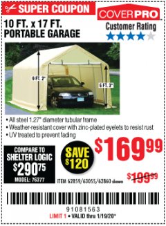 Harbor Freight Coupon COVERPRO 10 FT. X 17 FT. PORTABLE GARAGE Lot No. 62859, 63055, 62860 Expired: 1/19/20 - $169.99