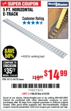 Harbor Freight Coupon 5 FT HORIZONTAL E-TRACK Lot No. 66726 Expired: 6/30/20 - $14.99