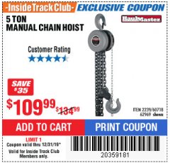 Harbor Freight ITC Coupon 5 TON CHAIN HOIST Lot No. 60718/2239 Expired: 12/31/19 - $109.99