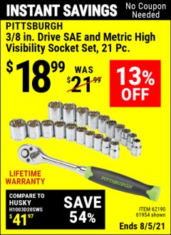 Harbor Freight Coupon 21 PIECE 3/8" DRIVE SAE AND METRIC HIGH VISIBILITY SOCKET SET Lot No. 67900/62190/61954 Expired: 8/5/21 - $18.99