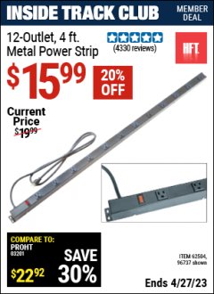 Harbor Freight ITC Coupon 4 FT. 12 OUTLET METAL POWER STRIP Lot No. 96737/62494/62504/61597 Expired: 4/27/23 - $15.99