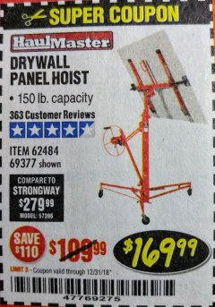 Harbor Freight Coupon 150 LB. CAPACITY DRYWALL/PANEL HOIST Lot No. 62484/69377 Expired: 12/31/18 - $169.99