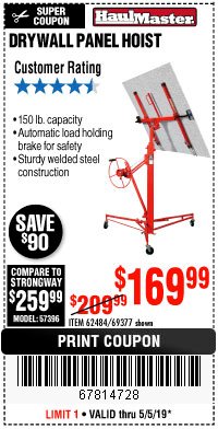 Harbor Freight Coupon 150 LB. CAPACITY DRYWALL/PANEL HOIST Lot No. 62484/69377 Expired: 5/5/19 - $169.99