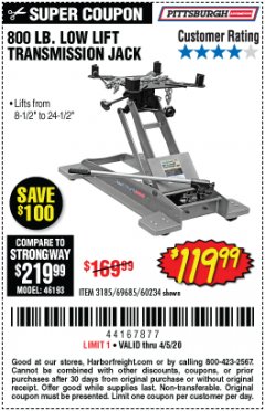 Harbor Freight Coupon 800 LB. CAPACITY LOW LIFT TRANSMISSION JACK Lot No. 69685/60234 Expired: 6/30/20 - $119.99
