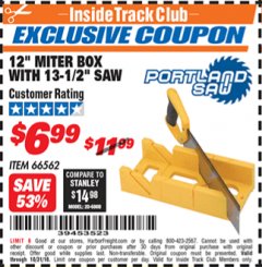 Harbor Freight ITC Coupon 12" MITER BOX WITH 13-1/2" SAW Lot No. 66562 Expired: 10/31/18 - $6.99