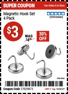 Harbor Freight Coupon 4 PIECE MAGNETIC HOOK SET Lot No. 98502 Expired: 10/30/22 - $3