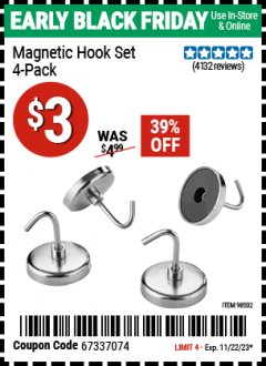 Harbor Freight Coupon 4 PIECE MAGNETIC HOOK SET Lot No. 98502 Expired: 11/22/23 - $3