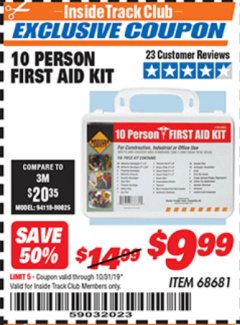 Harbor Freight ITC Coupon 10 PERSON FIRST AID KIT Lot No. 68681 Expired: 10/31/19 - $9.99