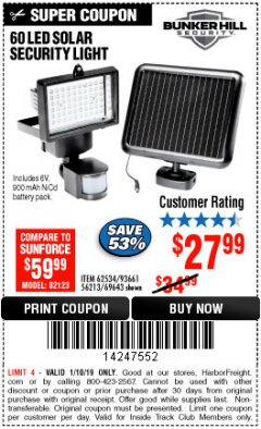 Harbor Freight ITC Coupon 60 LED SOLAR SECURITY LIGHT Lot No. 60524/62534/56213/69643/93661 Expired: 1/10/19 - $27.99