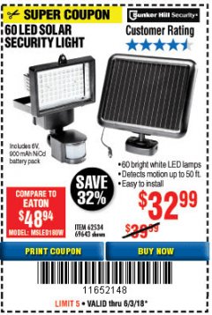 Harbor Freight Coupon 60 LED SOLAR SECURITY LIGHT Lot No. 60524/62534/56213/69643/93661 Expired: 6/3/18 - $32.99