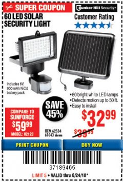 Harbor Freight Coupon 60 LED SOLAR SECURITY LIGHT Lot No. 60524/62534/56213/69643/93661 Expired: 6/24/18 - $32.99