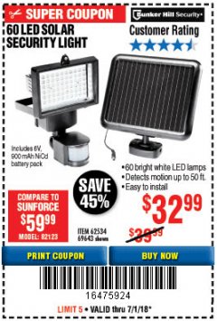 Harbor Freight Coupon 60 LED SOLAR SECURITY LIGHT Lot No. 60524/62534/56213/69643/93661 Expired: 7/1/18 - $32.99