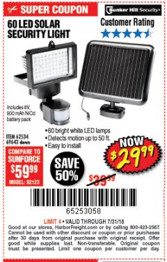 Harbor Freight Coupon 60 LED SOLAR SECURITY LIGHT Lot No. 60524/62534/56213/69643/93661 Expired: 7/31/18 - $29.99