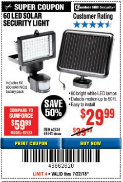 Harbor Freight Coupon 60 LED SOLAR SECURITY LIGHT Lot No. 60524/62534/56213/69643/93661 Expired: 7/22/18 - $29.99