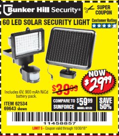 Harbor Freight Coupon 60 LED SOLAR SECURITY LIGHT Lot No. 60524/62534/56213/69643/93661 Expired: 10/30/18 - $29.99