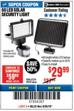 Harbor Freight Coupon 60 LED SOLAR SECURITY LIGHT Lot No. 60524/62534/56213/69643/93661 Expired: 8/26/18 - $29.99