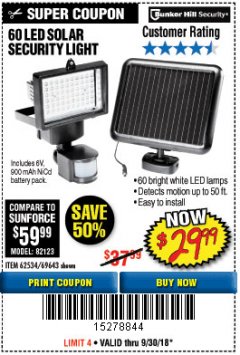 Harbor Freight Coupon 60 LED SOLAR SECURITY LIGHT Lot No. 60524/62534/56213/69643/93661 Expired: 9/30/18 - $29.99