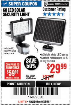 Harbor Freight Coupon 60 LED SOLAR SECURITY LIGHT Lot No. 60524/62534/56213/69643/93661 Expired: 9/23/18 - $29.99