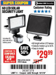 Harbor Freight Coupon 60 LED SOLAR SECURITY LIGHT Lot No. 60524/62534/56213/69643/93661 Expired: 10/1/18 - $29.99