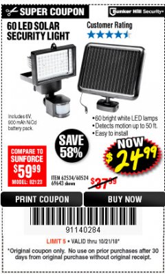 Harbor Freight Coupon 60 LED SOLAR SECURITY LIGHT Lot No. 60524/62534/56213/69643/93661 Expired: 10/21/18 - $24.99