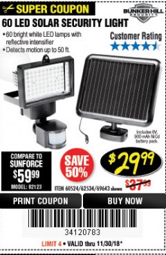 Harbor Freight Coupon 60 LED SOLAR SECURITY LIGHT Lot No. 60524/62534/56213/69643/93661 Expired: 11/30/18 - $29.99