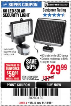Harbor Freight Coupon 60 LED SOLAR SECURITY LIGHT Lot No. 60524/62534/56213/69643/93661 Expired: 11/18/18 - $29.99