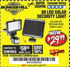 Harbor Freight Coupon 60 LED SOLAR SECURITY LIGHT Lot No. 60524/62534/56213/69643/93661 Expired: 5/4/19 - $29.99