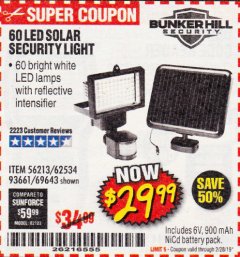 Harbor Freight Coupon 60 LED SOLAR SECURITY LIGHT Lot No. 60524/62534/56213/69643/93661 Expired: 2/28/19 - $29.99