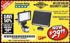 Harbor Freight Coupon 60 LED SOLAR SECURITY LIGHT Lot No. 60524/62534/56213/69643/93661 Expired: 3/30/19 - $29.99