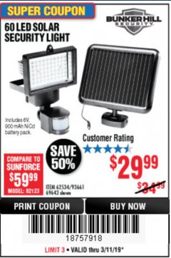 Harbor Freight Coupon 60 LED SOLAR SECURITY LIGHT Lot No. 60524/62534/56213/69643/93661 Expired: 3/11/19 - $29.99