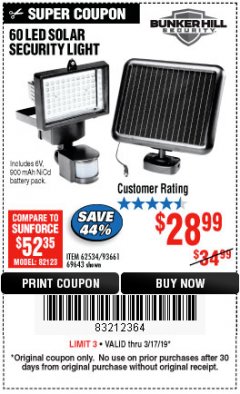 Harbor Freight Coupon 60 LED SOLAR SECURITY LIGHT Lot No. 60524/62534/56213/69643/93661 Expired: 3/17/19 - $28.99