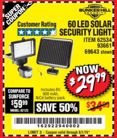 Harbor Freight Coupon 60 LED SOLAR SECURITY LIGHT Lot No. 60524/62534/56213/69643/93661 Expired: 6/1/19 - $29.99