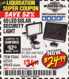 Harbor Freight Coupon 60 LED SOLAR SECURITY LIGHT Lot No. 60524/62534/56213/69643/93661 Expired: 5/31/19 - $24.99