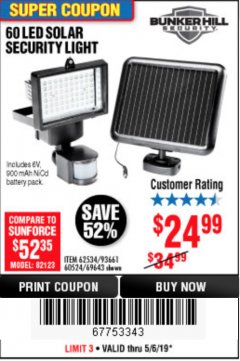 Harbor Freight Coupon 60 LED SOLAR SECURITY LIGHT Lot No. 60524/62534/56213/69643/93661 Expired: 5/6/19 - $24.99