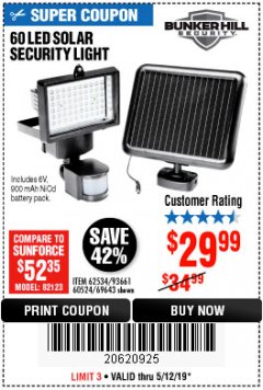 Harbor Freight Coupon 60 LED SOLAR SECURITY LIGHT Lot No. 60524/62534/56213/69643/93661 Expired: 5/12/19 - $29.99
