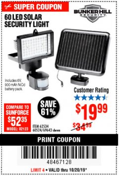 Harbor Freight Coupon 60 LED SOLAR SECURITY LIGHT Lot No. 60524/62534/56213/69643/93661 Expired: 10/20/19 - $19.99