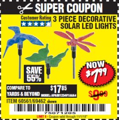 Harbor Freight Coupon 3 PIECE DECORATIVE SOLAR LED LIGHTS Lot No. 95588/69462/60561 Expired: 11/1/18 - $7.99