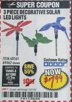 Harbor Freight Coupon 3 PIECE DECORATIVE SOLAR LED LIGHTS Lot No. 95588/69462/60561 Expired: 10/31/18 - $7.99
