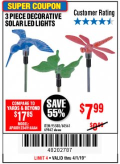 Harbor Freight Coupon 3 PIECE DECORATIVE SOLAR LED LIGHTS Lot No. 95588/69462/60561 Expired: 4/1/19 - $7.99