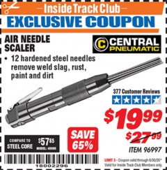 Harbor Freight ITC Coupon AIR NEEDLE SCALER Lot No. 96997 Expired: 6/30/20 - $19.99