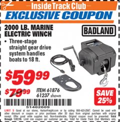 Harbor Freight ITC Coupon 2000 LB. CAPACITY 12 VOLT MARINE ELECTRIC WINCH Lot No. 96455/61876/61237 Expired: 1/31/19 - $59.99
