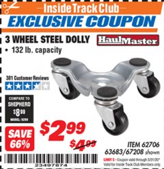 Harbor Freight ITC Coupon 3 WHEEL MOVERS DOLLY Lot No. 62706/67208 Expired: 3/31/20 - $2.99