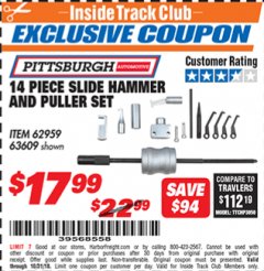 Harbor Freight ITC Coupon 14 PIECE SLIDE HAMMER AND PULLER SET Lot No. 60554/62959/63609 Expired: 10/31/18 - $17.99