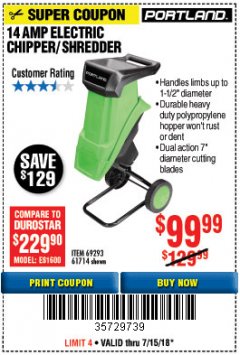 Harbor Freight Coupon 14 AMP ELECTRIC SHREDDER Lot No. 61714/69293 Expired: 7/15/18 - $99.99