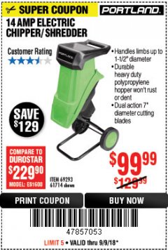 Harbor Freight Coupon 14 AMP ELECTRIC SHREDDER Lot No. 61714/69293 Expired: 9/9/18 - $99.99